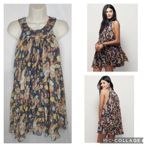 Womens Free People OB502840 Floral Pleated Mini Dress Lined Blue Orange XS